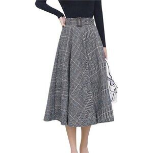 Women's Winter Warm Elastic Waist Wool Plaid A-Line Pleated Long Skirt